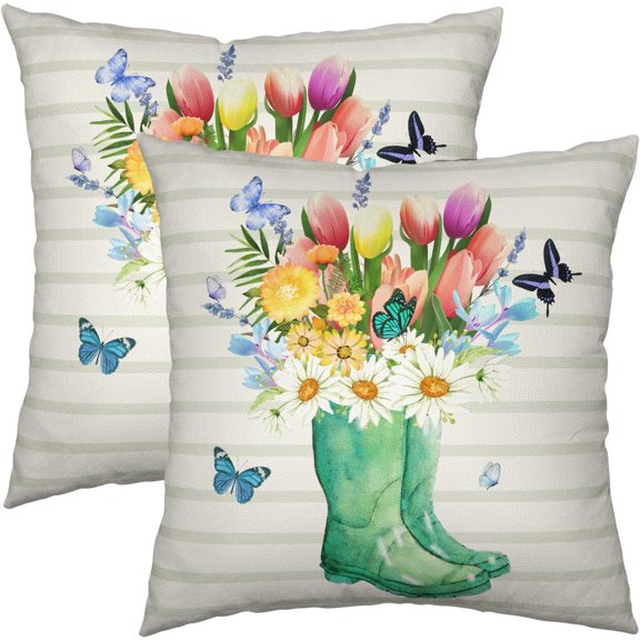 Spring Summer Outdoor Pillow Cases 20x20 Inch Green Boots with Watercolor Blooming Flowers Pillowcase Farmhouse Square Linen Cushion Cases for Bed Couch Sofa Living Room, Set of 2