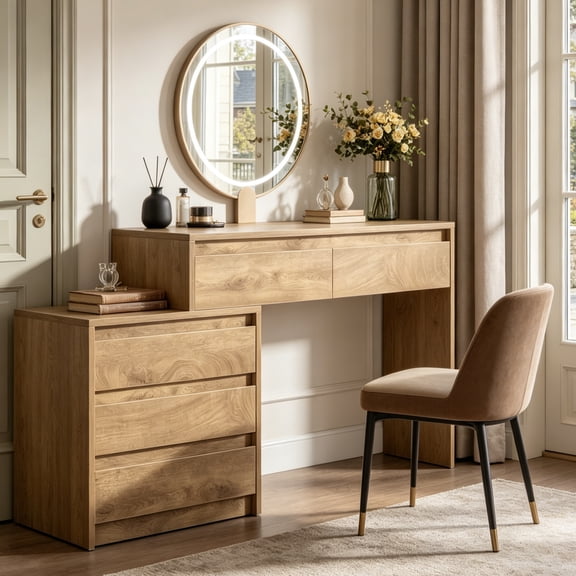Fnova 63'' Vanity Desk with 5 Drawers, Bedroom Makeup Vanity Table, Removable 3-Drawer Chest, Solid Desktop Sturdy MDF Construction, for Bedroom, Vanity Room & Dressing Area