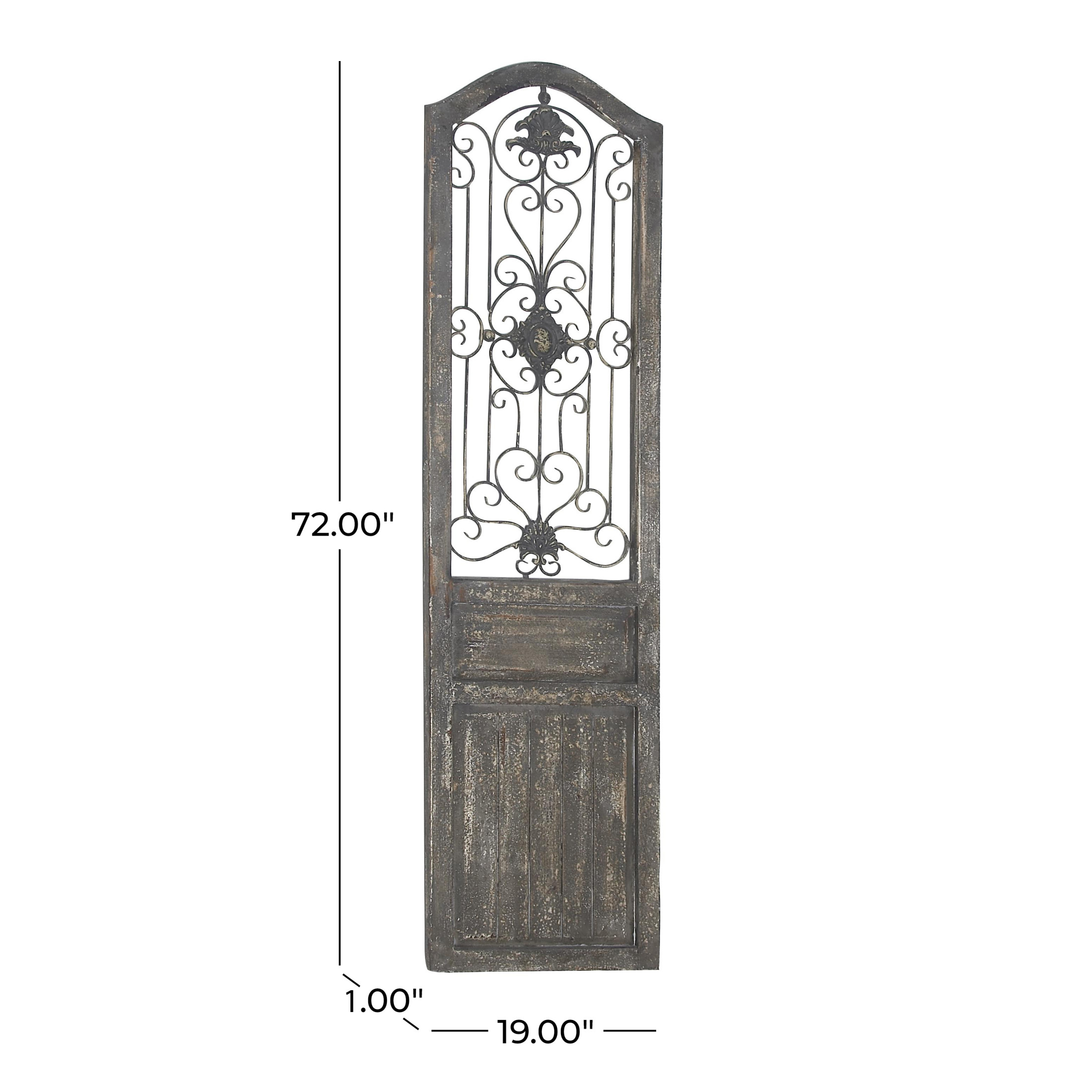 DecMode Brown Wood Distressed Door Panel Scroll Wall Decor with Metal Wire Details