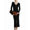 thumbnail image 2 of Women'S V-Neck Front Slit Rib Button Down Sweater Dress Black S, 2 of 7