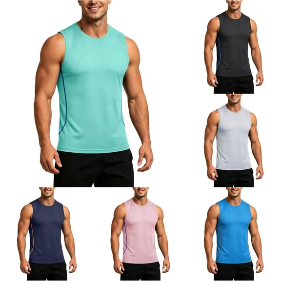 XFeng Men Round Neck Sleeveless Workout Tank Top, Side Split Quick Dry Athletic Muscle Tee