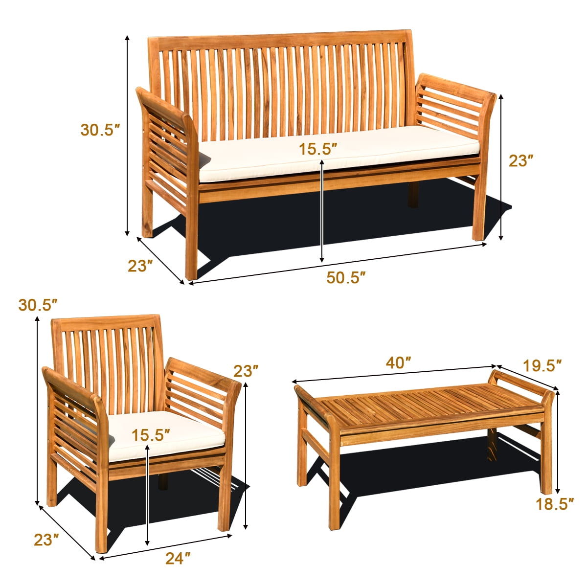 Costway 4 PCS Outdoor Acacia Wood Sofa Furniture Set Cushioned Chair Coffee Table Garden