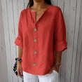 thumbnail image 2 of Women's Linen Button Down V-Neck 3/4 Sleeve Solid Blouse - Loose Fit Tunic Top, Soft Breathable Fabric, Casual for Summer/Business, Pair with Jeans/Shorts, 2 of 5