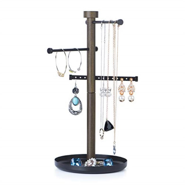 5 Layer Earring Holder Organizer with Metal Necklace Holder Pole 175 Earring Holes Black Rustic Wood Jewelry Organizer Stand Display for Stud Earring Bracelet Necklace Ring Earring Organizer 
