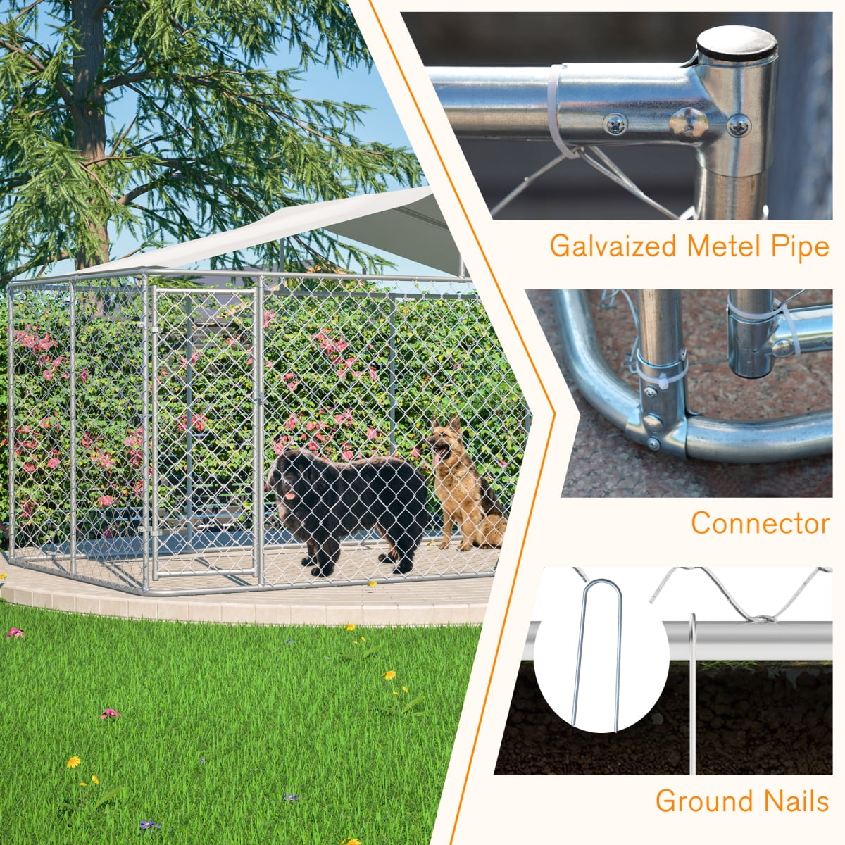 LuckyNote Heavy Duty Outdoor Dog Kennel 13.1x7.5x7.6 ft, Galvanized Chain Link Playpen with Waterproof Anti-UV Cover, Secure Lock, Grey