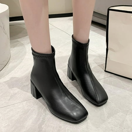 

Fashion Women Artificial Leather Solid Color Autumn Thick Sole Square Heels Slip On Mid Booties Square Toe Shoes