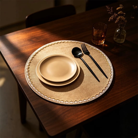 XiYing Round Lace Edge Placemats| Coarse Linen Heat Resistant Table Mats for Dining Table Protection | Washable Non-Slip Natural Texture Mats for Kitchen Home Decor