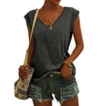 thumbnail image 1 of Femmes Tops Mode Solide Couleur Cap Manches V Cou Décontracté en Vrac Manches Courtes T-Shirt Top Armée Vert L, 1 of 5