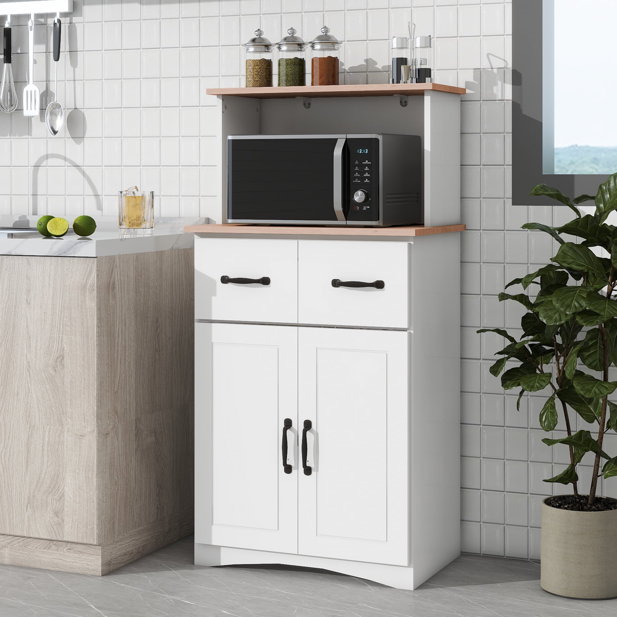 Noble House 49.4" Kitchen Pantry Cabinet with Microwave Stand, Drawer and Adjustable Shelf, White
