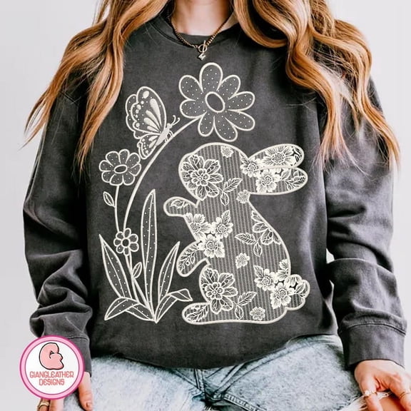 Lace Bunny Floral Easter Sweatshirt, Hand Drawn Coquette Bunny Pullover, Cute Spring Bunny Sweater for Women and Girls