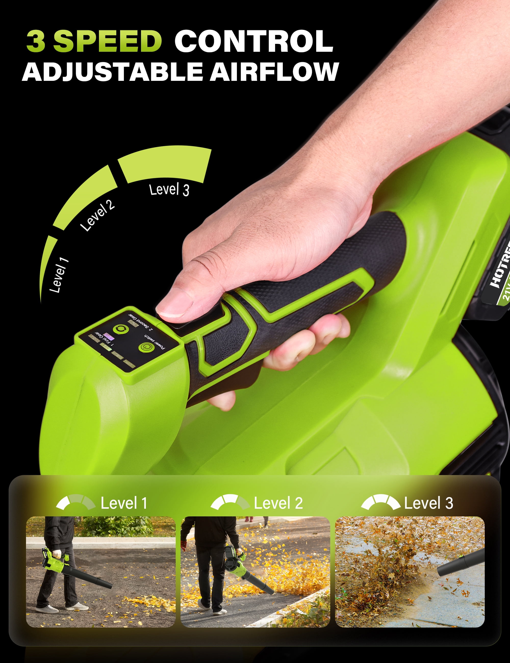 HOTREE Cordless Leaf Blower, 600 CFM, 170 MPH, 3-Speed, with 2 x 2.6Ah Batteries, for Lawn, Patio and Dust Cleaning