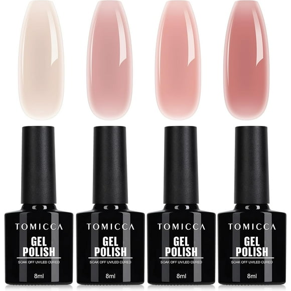 TRAHOO-Jelly Pink Gel Nail Polish Set - 4Pcs Sheer White Pink Nude Gel Polish UV Gel Nail Polish Clear Crystal Shellac Polish Gift Set Manicure Gel Nail Kit for Nail Art Salon Home DIY