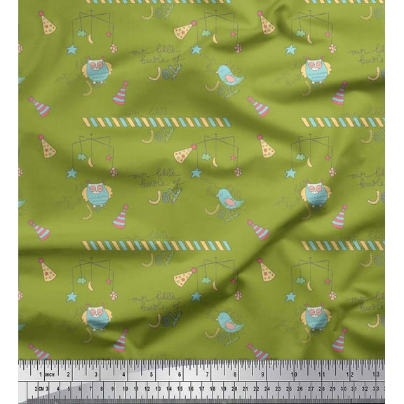 Soimoi Green Cotton Duck Fabric Text & Bird Kids Fabric Prints By Yard 42 Inch Wide