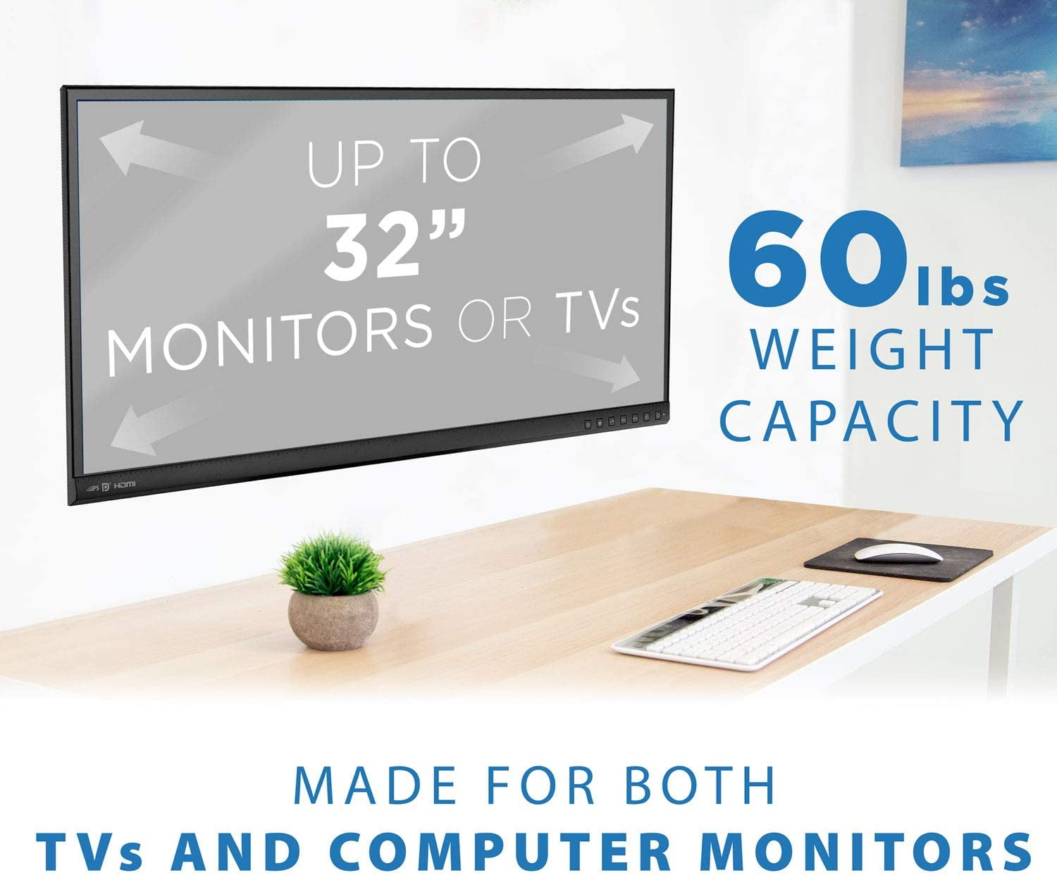 Ultra Low Profile Fixed TV Wall Mount for 13 to 32" Inch Screens, Slim TV Wall Mount Fits 75 and 100 mm, Flush TV Bracket 0.55" Design with 60 lb Capacity, Built-in Bubble Level