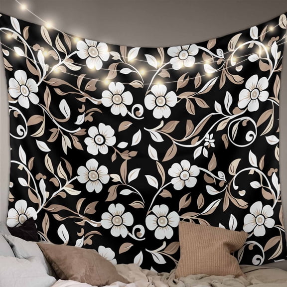 Black White Floral Tapestry for Bedroom Wall Hanging Tapestry, Farmhouse Vintage Botanical Leaves Ceiling Backdrop Tapestries Poster Blanket Wall Decor for Teens Room Living Room Dorm 59" x 79"