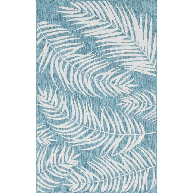Unique Loom Outdoor Botanical Bohemian Leaves Rug 5' x 8' Rectangle Blue/Ivory