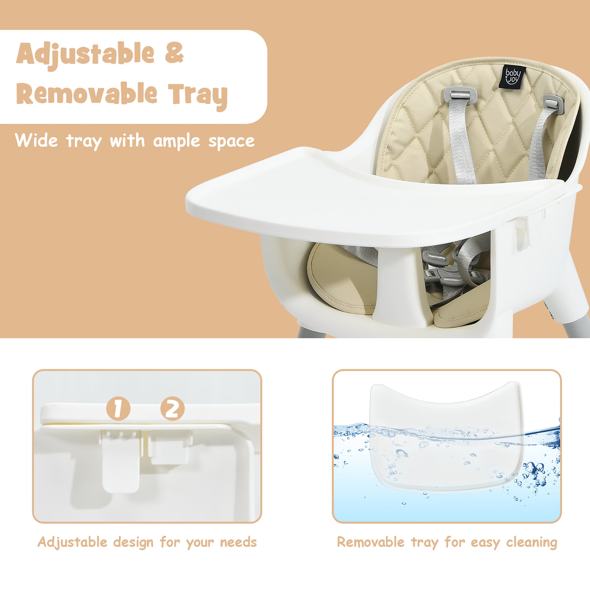 Babyjoy 4 in 1 Baby High Chair Convertible Toddler Table Chair Set with PU Cushion Beige