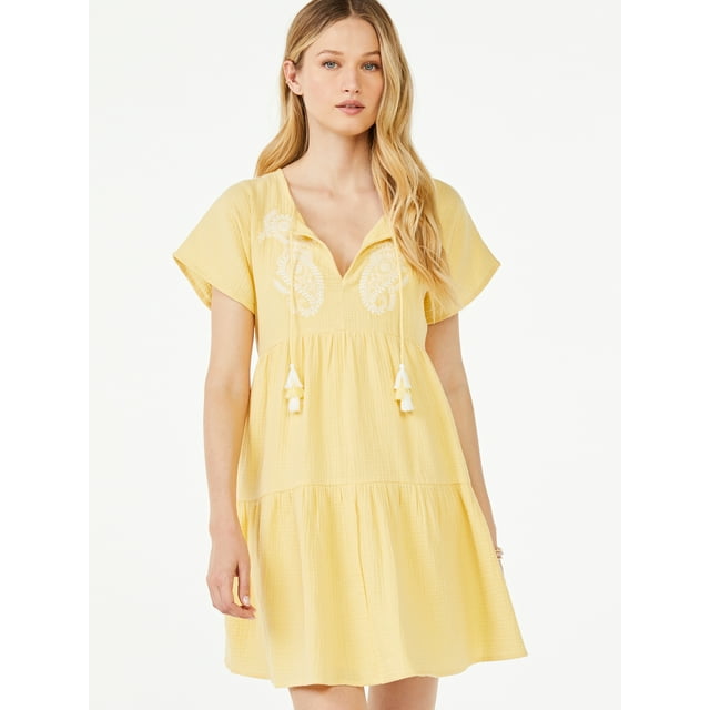 Scoop Women's Short Sleeve A-Line Short Dress with Tassels - Walmart.com