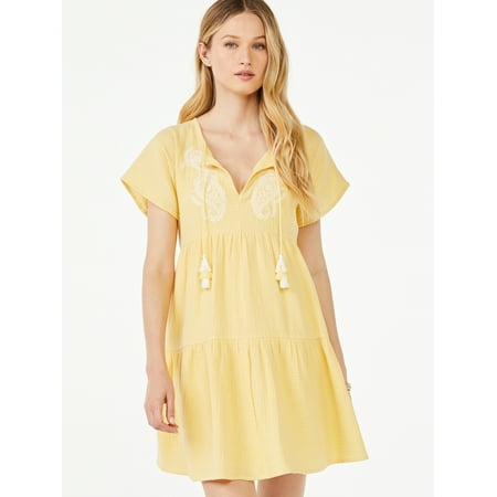 Scoop Women's Short Sleeve A-Line Short Dress with Tassels