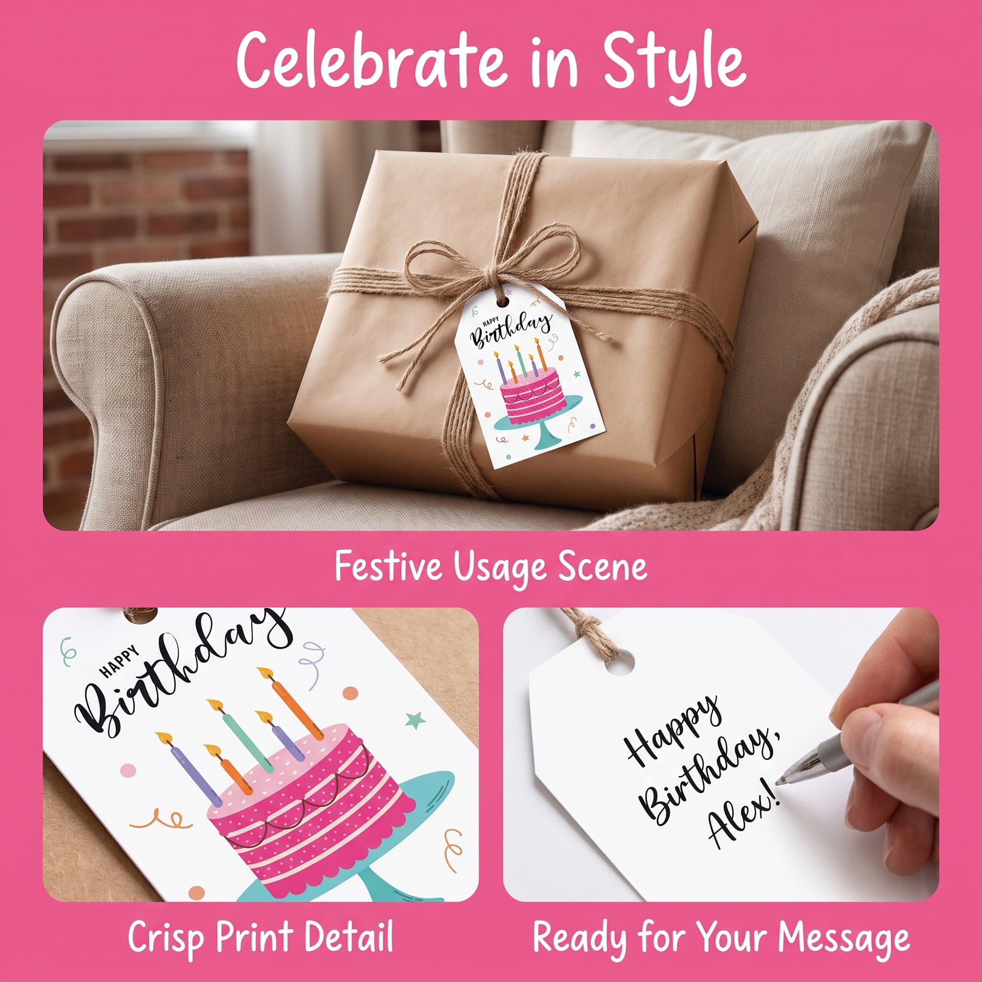 Unique Bargains 100Pcs Elegant Birthday Gift Tags with Twine Stand Cake 2" x 3.1"