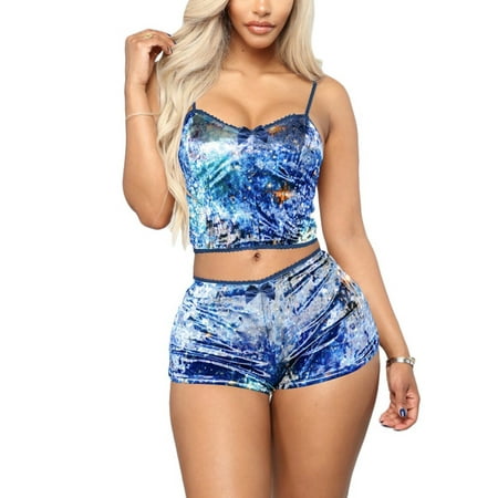 

Women Summer Sling Tops and Shorts 2PCS Pajamas Female Printed Bustier Vest+Short Pants Velvet Casual Homewear Clothes Sets