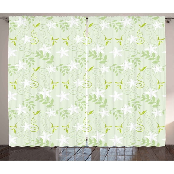 Ambesonne Mint Curtains 2 Panel Set, Swirls Floral Branches, 108" x 63", Fern Green White