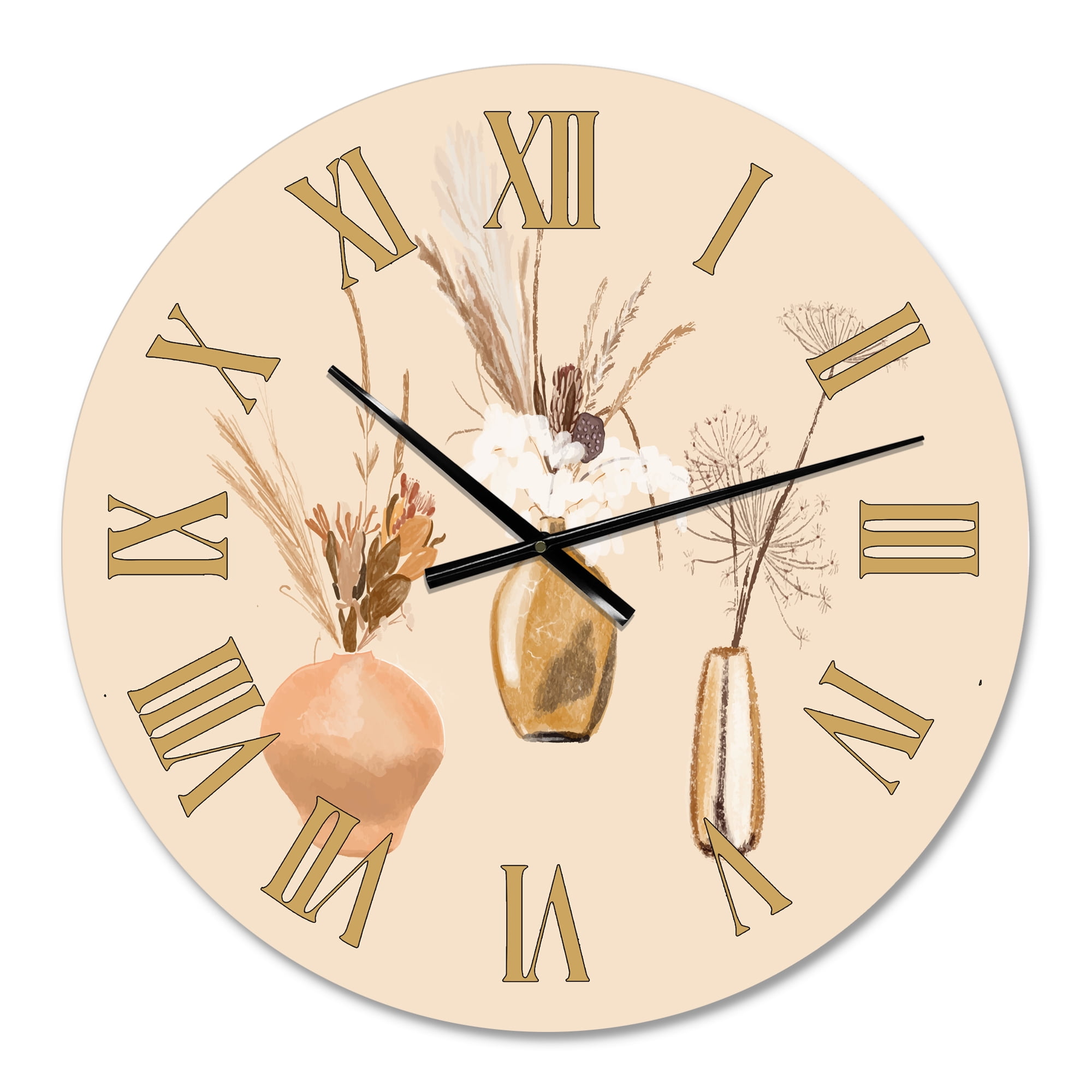 Designart 'Bouquets Of Wildflowers In Gold Vases I' Traditional Wall Clock
