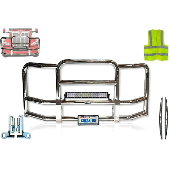 Kozak Chrome Front Bumper Grille Deer Moose Brush Guard Compatible with 579 2022  Without Fogs , Silver