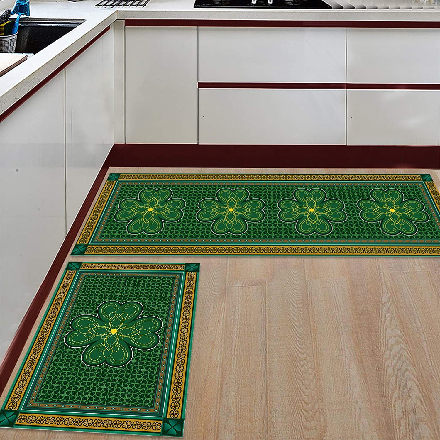 St. Patrick''s Day Kitchen Rugs and Mats, Irish Traditional Shamrock Floor Doormat Washable Comfort Runner Carpet 2 Piece Non-Slip Rubber Backed Area Rugs for Indoor Decor Classic Celtic Lucky Clover