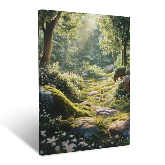 CozyNet Peaceful Forest Glade Filled With Flowering Shrubs, Mossy Stones & Scattered Sunlight Wall Art Prints With Frame Canvas Perfect for Living Room & Bedroom, Ready to Hang, Wall Decor 12"x16"in
