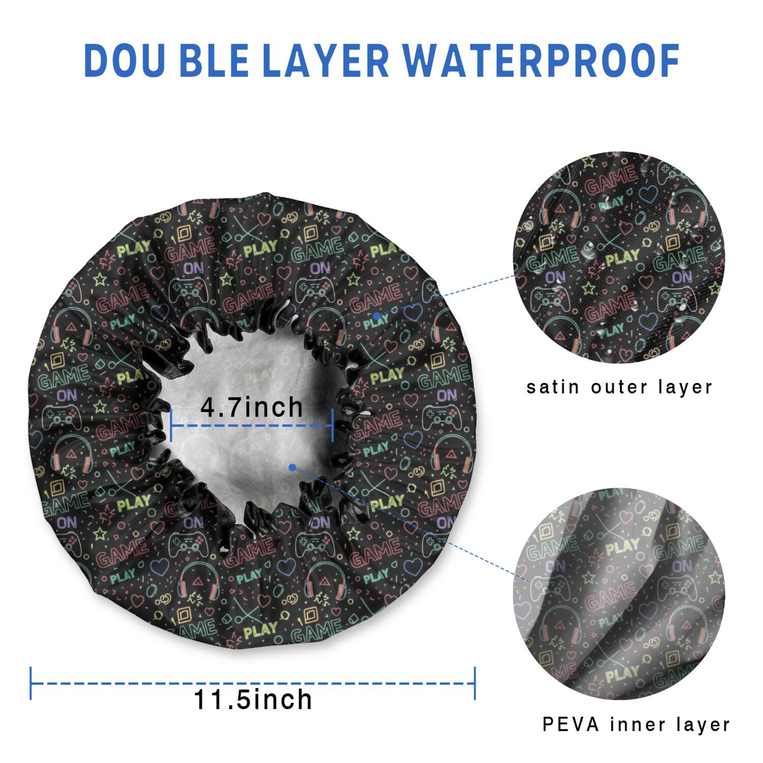 Shower Caps,Multicolor Controllers Games Icons Black Pattern Waterproof Shower Cap for Women 4 Pieces,Double Reusable Hair Cover for Shower PEVA Elastic Stretch Hem