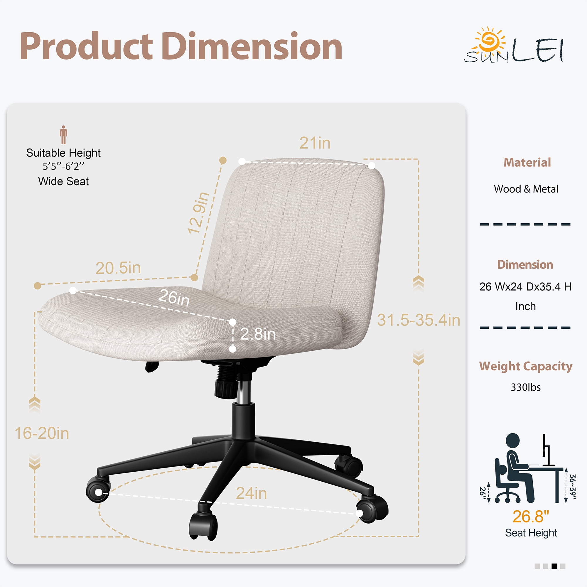 Walsunny Armless Criss Cross Home Office Chair, Fabric Vanity Desk Chair with Wheels, Wide Seat Swivel Task Computer Chair, White