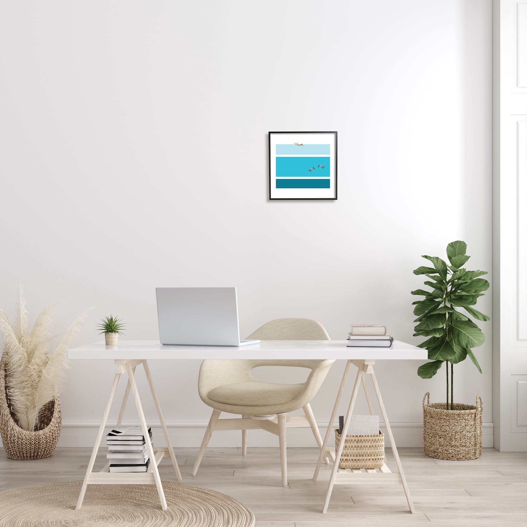Stupell Industries Sea Turtles Under Scuba Diver Geometric Blue Stripes Graphic Art Black Framed Art Print Wall Art, 12x12, by Make Much Studios