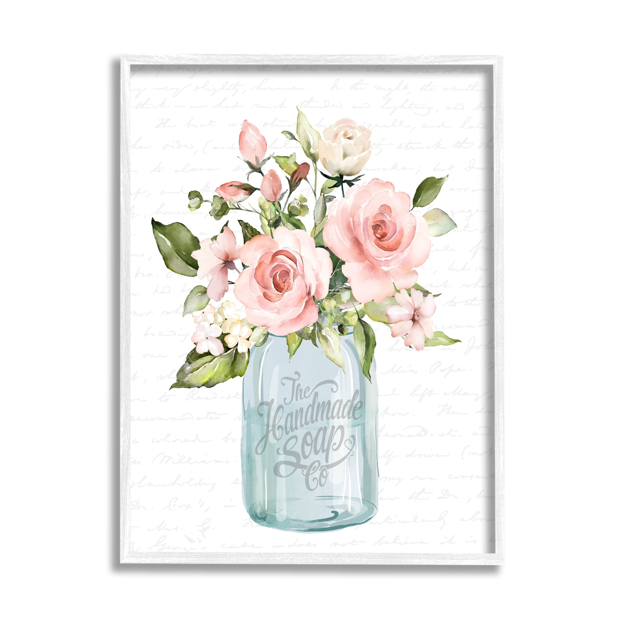 Stupell Industries Pink Rose Blooms Country Vase Patterned Script Graphic Art White Framed Art Print Wall Art, Design by Lettered and Lined