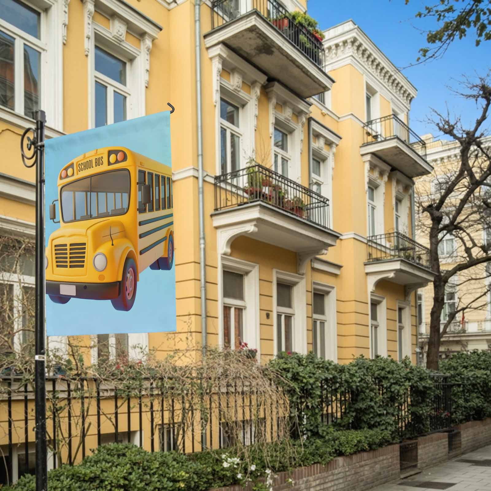 Yellow School Bus House Flag 28 x 40 Inches, Blue Background Cartoon 3D Simple Weather Proof Outdoor Patio Flags Double Sided Small House Decoration for Yard Lawn Outside Home