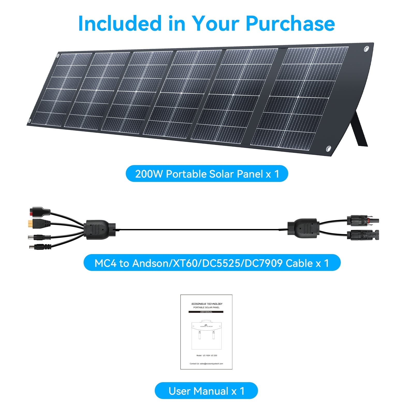 Ecosonique 200W Portable Solar Panel for Power Stations, Foldable & Lightweight with Kickstand, USB-C PD3.0 & USB-A QC3.0, MC4 & Multi-Output for Solar Generators, RVs, Camping, and Outdoor Use