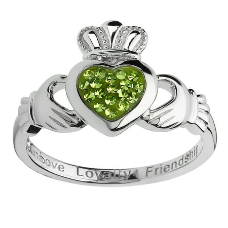 ShanOre Women's Sterling Silver Heart Peridot Claddagh Ring with Crystals By Swarovski®