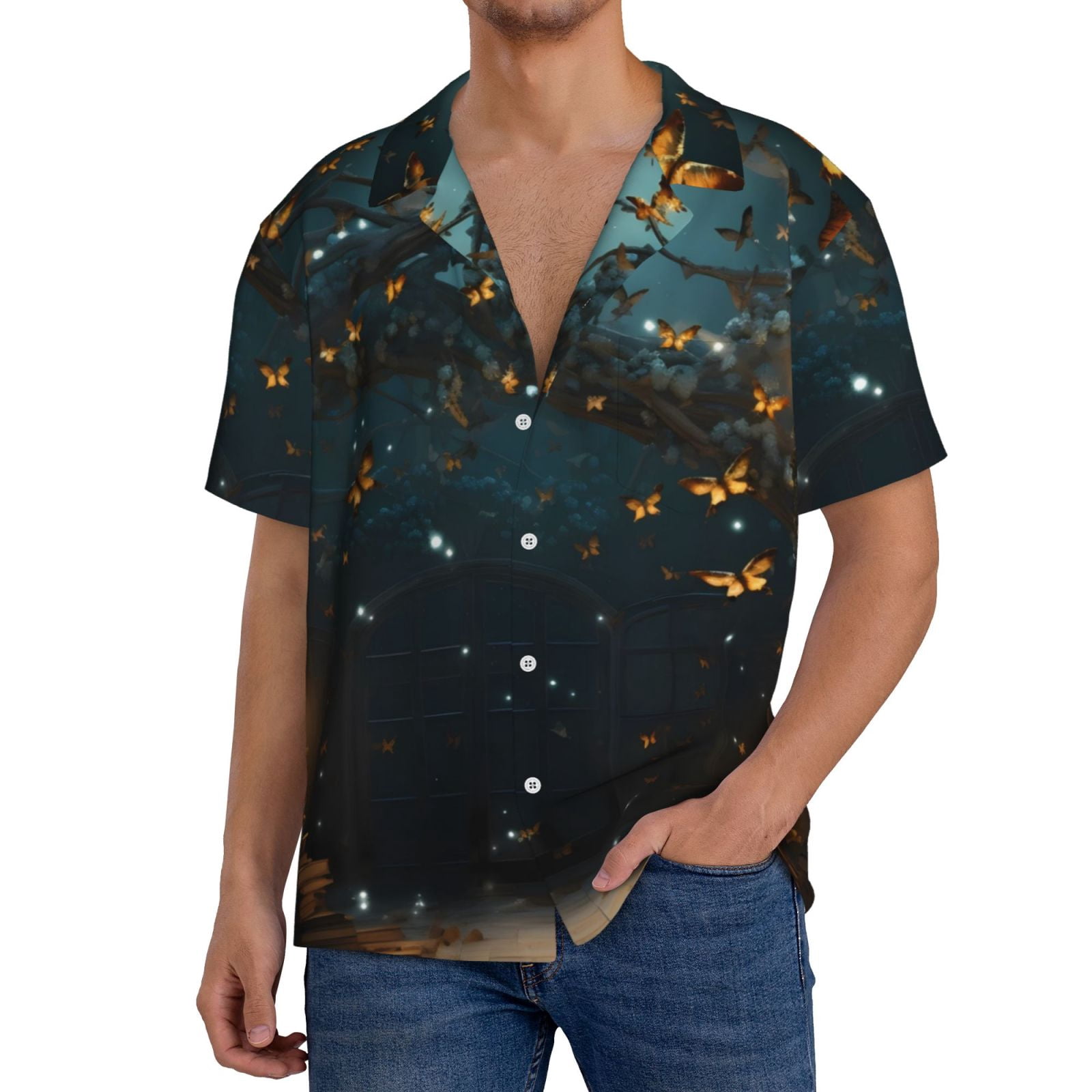 JUNZAN Magical Library Butterfly Night Print Mens Casual Button Down Shirts Short Sleeve Shirt-XX-Large
