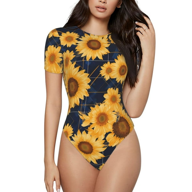 Balery Navy Blue Plaid Sunflower Body de cuello redondo de manga corta para mujer Tops de manga corta Tops básicos-X-Large