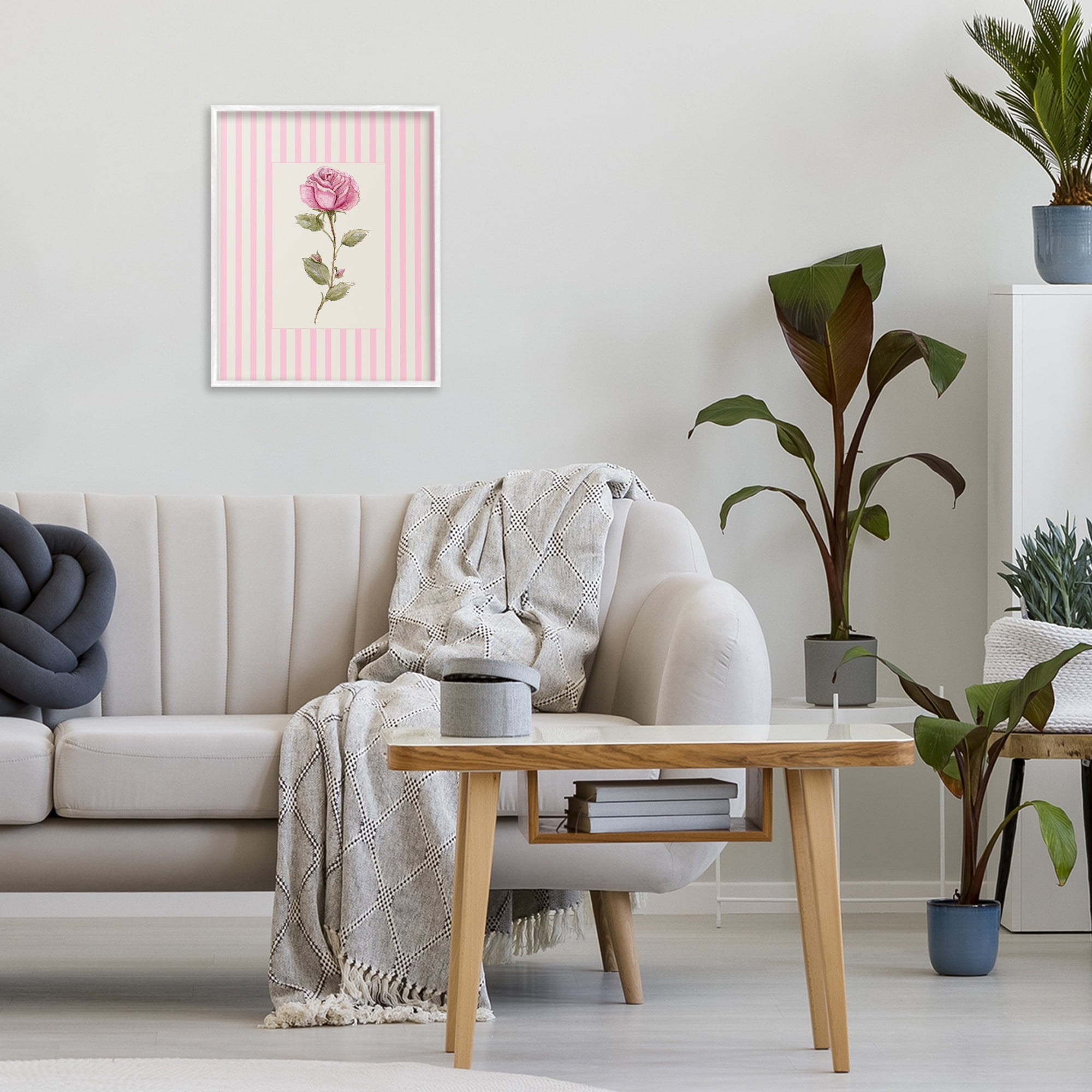 Pink Stripe Rose White Framed Giclee Art, design by Lisa Wehmeyer