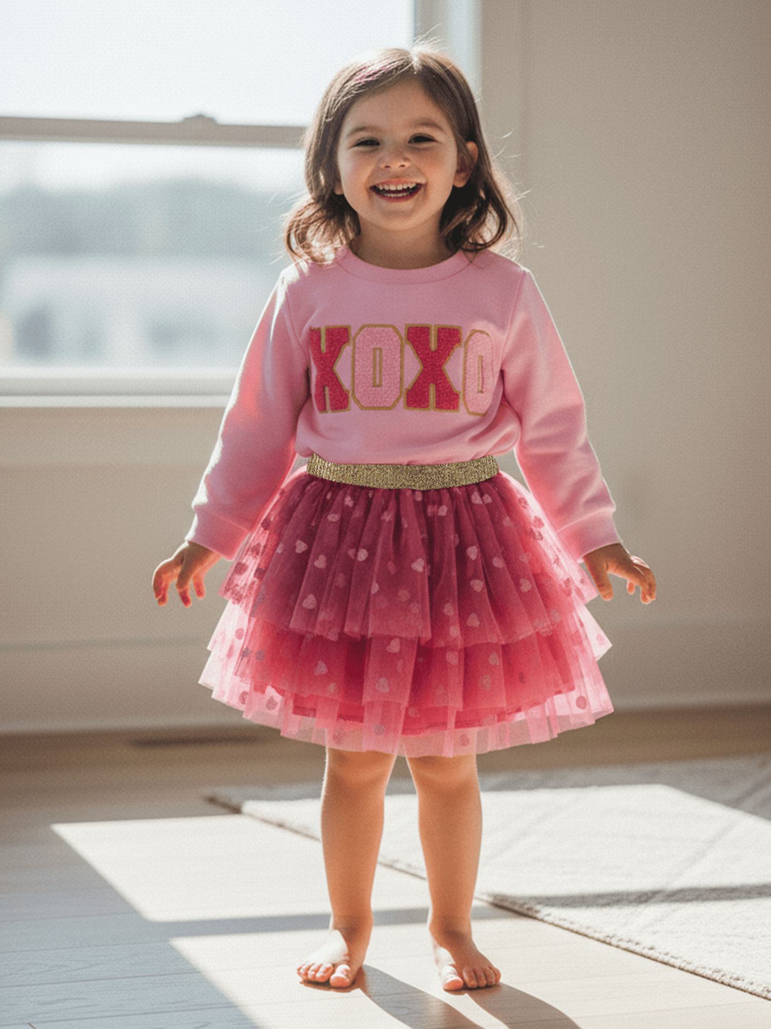 Jxzom Toddler Baby Girl Valentines Outfit XOXO Letter Embroidery Long Sleeve Sweatshirt Tops and Tulle Tutu Skirts Set 1-6 Years Cute Valentines Clothes