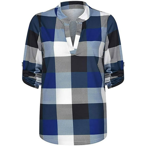Frontwalk Ladies T-shirt V Neck T Shirt Long Sleeve Tee Women Casual Tunic Blouse Check Print Tops Blue XL