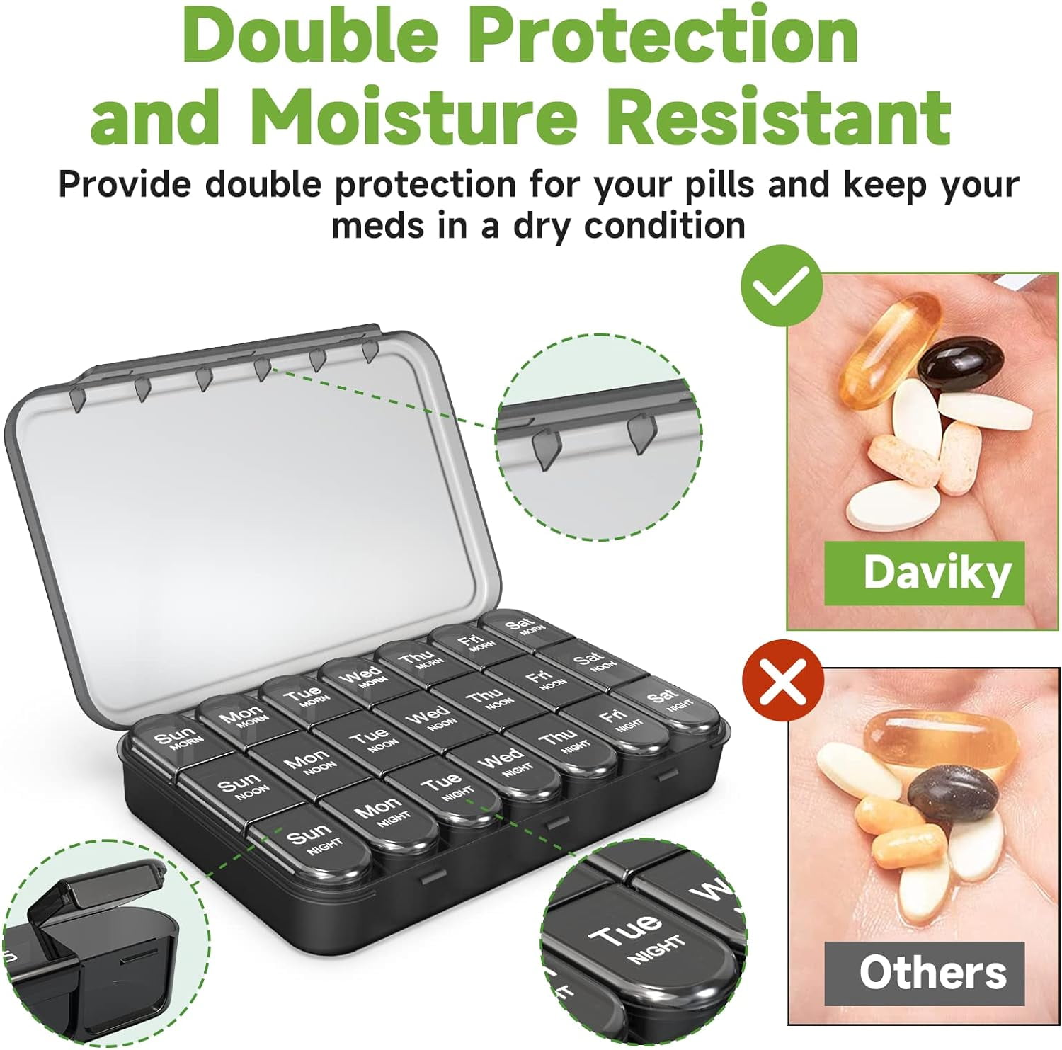 Pill Organizer 3X a Day, Weekly Pill Box 7 Day, Travel Pill Case with Large Containers, Light-Proof Pill Case for Vitamins, Medication, Supplements and Fish Oils (Black)
