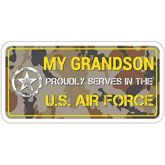 My Grandson Proudly serves in the US Air Force Vinyl Bumper Sticker Decal 3"x 6" Brown Camo