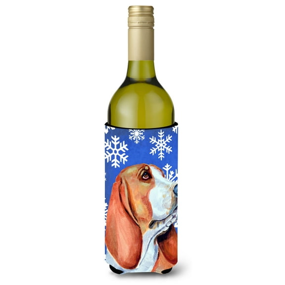 Carolines Treasures LH9287LITERK Basset Hound Winter Snowflakes Holiday Wine Bottle Hugger Wine Bottle multicolor