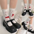 thumbnail image 3 of Calcetines de tripulación con adornos de volantes de Lolita para mujer Medias de malla de doble capa huecas con estampado floral, 3 of 5