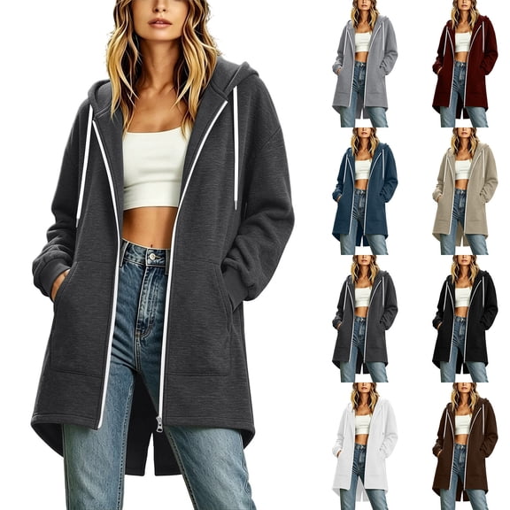 Zylanna Women's Long Full Zip Hoodie Sweatshirts, Oversized Adjustable Drawstring Soft & Stretchy with Pockets Casual Winter Coat Jacket Cardigan for Outerwear Brown