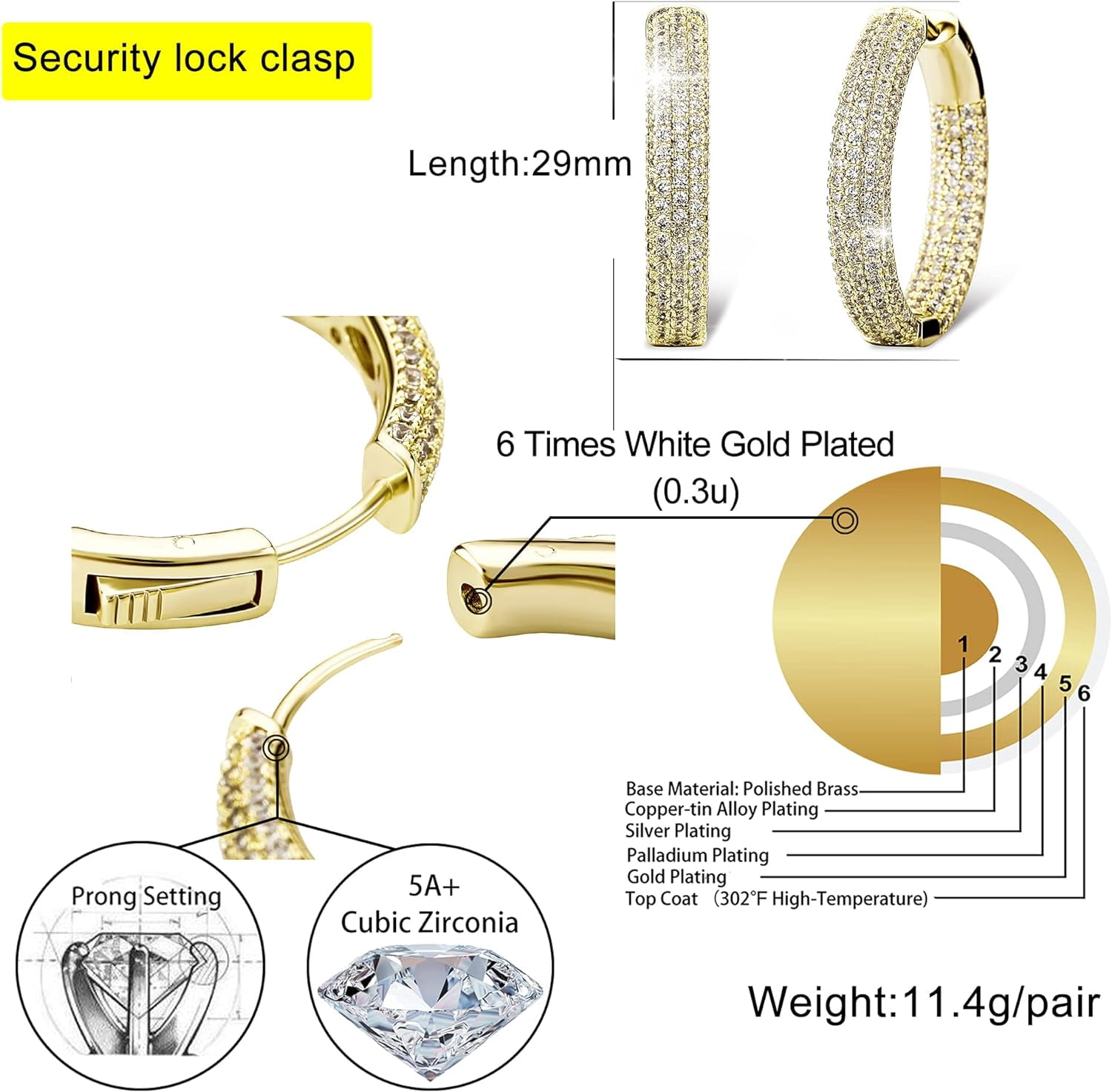 Leander Iced Out Hoop Earrings Cubic Zirconia Huggie Cartilage Cuff Hypoallergenic 14K Gold Plated Luxury Fashion Round Circle Earrings For Men Women