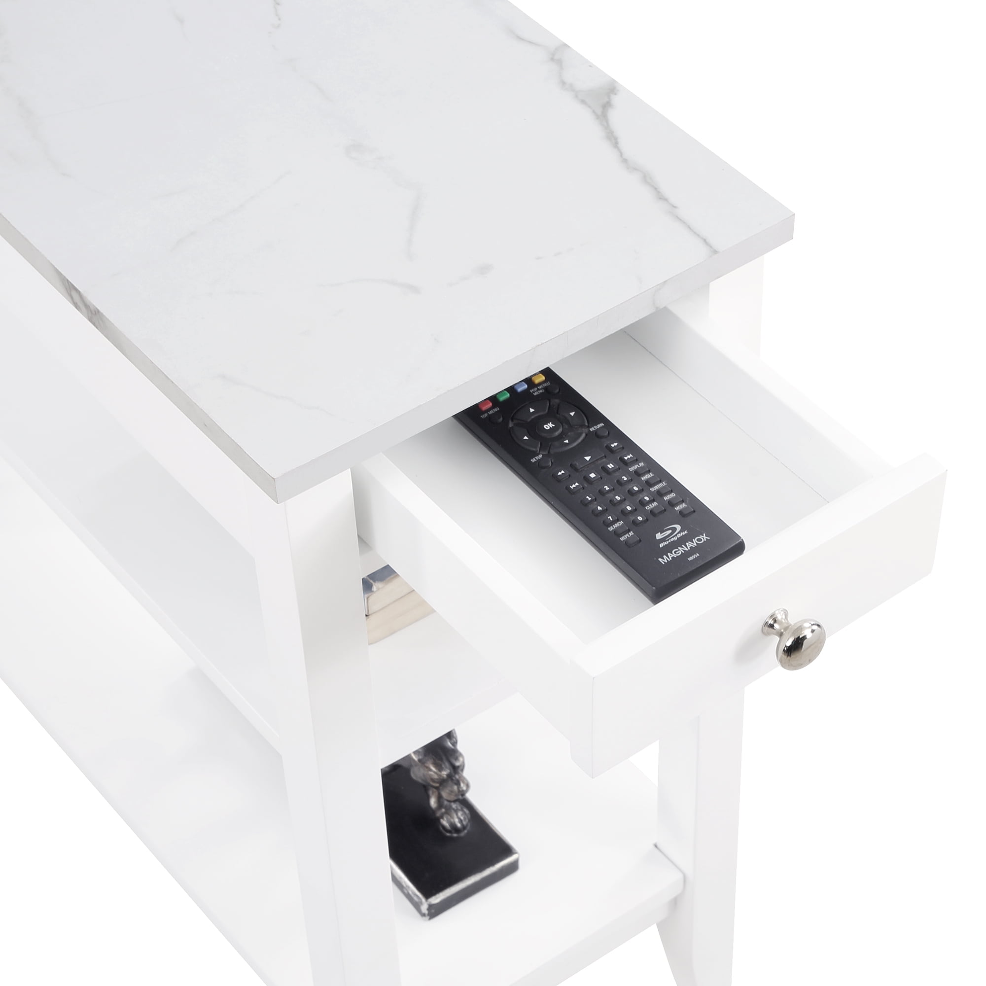 Convenience Concepts American Heritage 1 Drawer Chairside End Table with Shelves, White Faux Marble/White