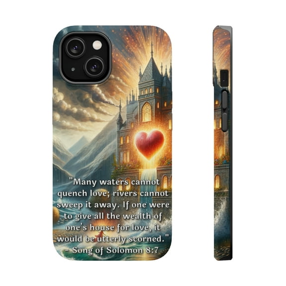 DistinctInk Tough Case for Apple iPhone 15 PLUS (6.7" Screen), Compatible with MagSafe Charging - Unquenchable Love: Song of Solomon 8:7 in Summary